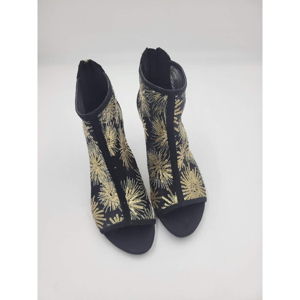 Charming Charlie Womens Boots Mesh Sequin 3 in Heels Bootie Black Gold Sz 8